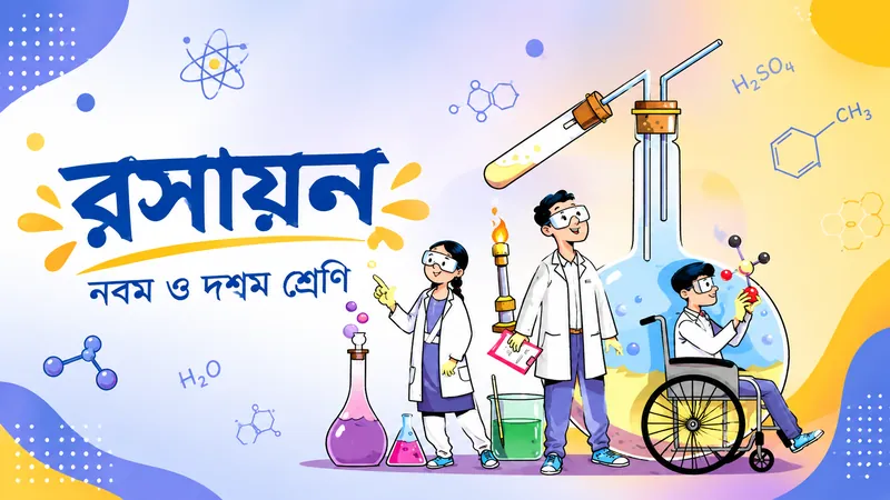 দশম শ্রেণির রসায়ন কোর্স — ল্যাব কোট আর চশমা পরে টেস্টটিউব, ফ্লাস্ক আর অণুর মডেল নিয়ে শিক্ষার্থীরা