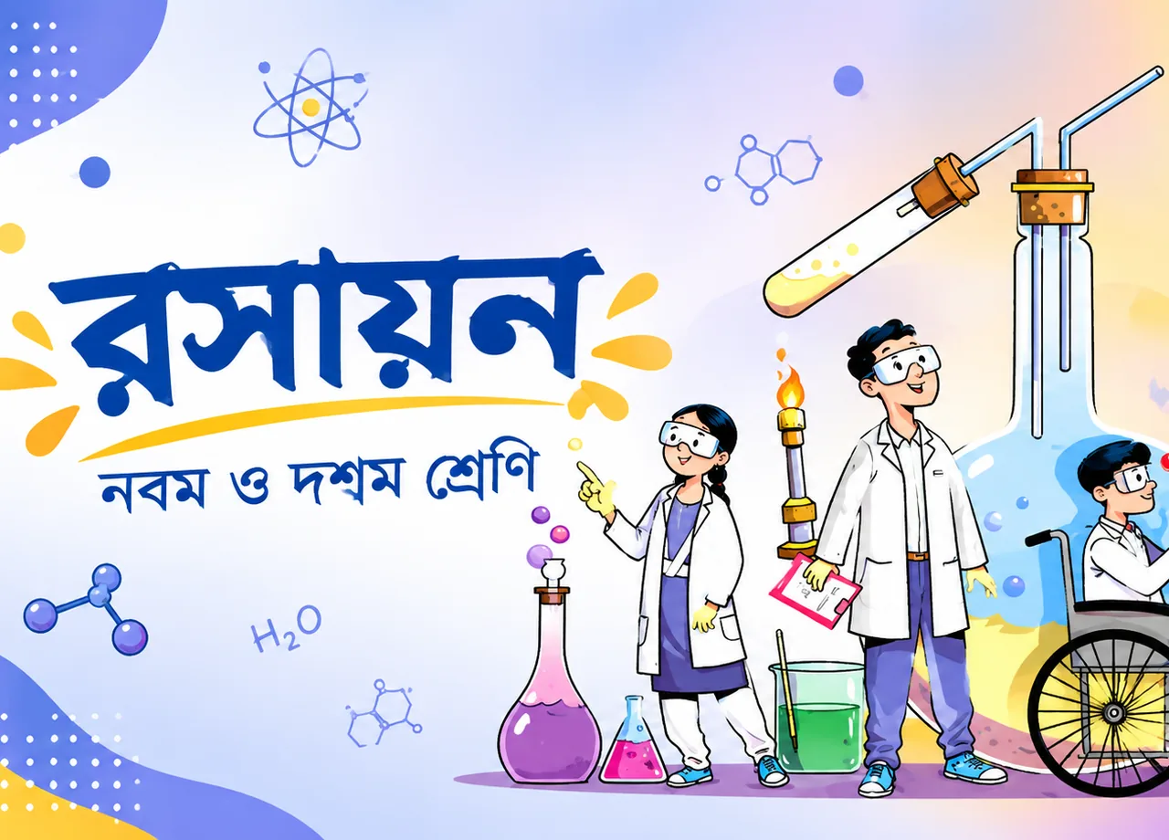 Class 9 Chemistry course in Bangla — students in lab coats and goggles with test tubes, flasks and a molecule model